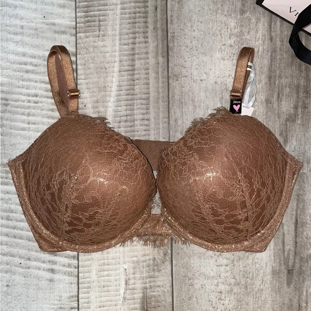 NWT Victoria's Secret Dream Angels Padded Push-Up Bra Gold Sparkle Trim  34DD